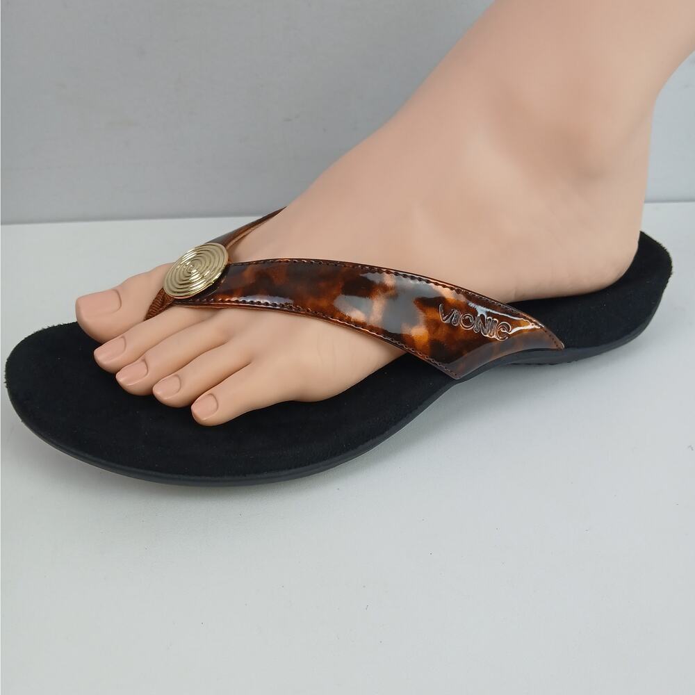Vionic SZ 7 Hilda Tortoise Patent Leather Flip-Flop Sandal In Black/Brown NWOT - Picture 2 of 9